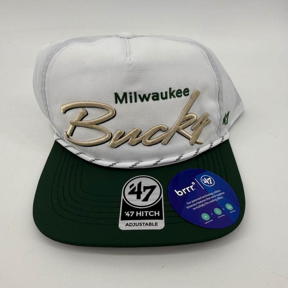 Milwaukee Bucks 47 Brand Hitch Snapback Hat White Green brrr Cooling